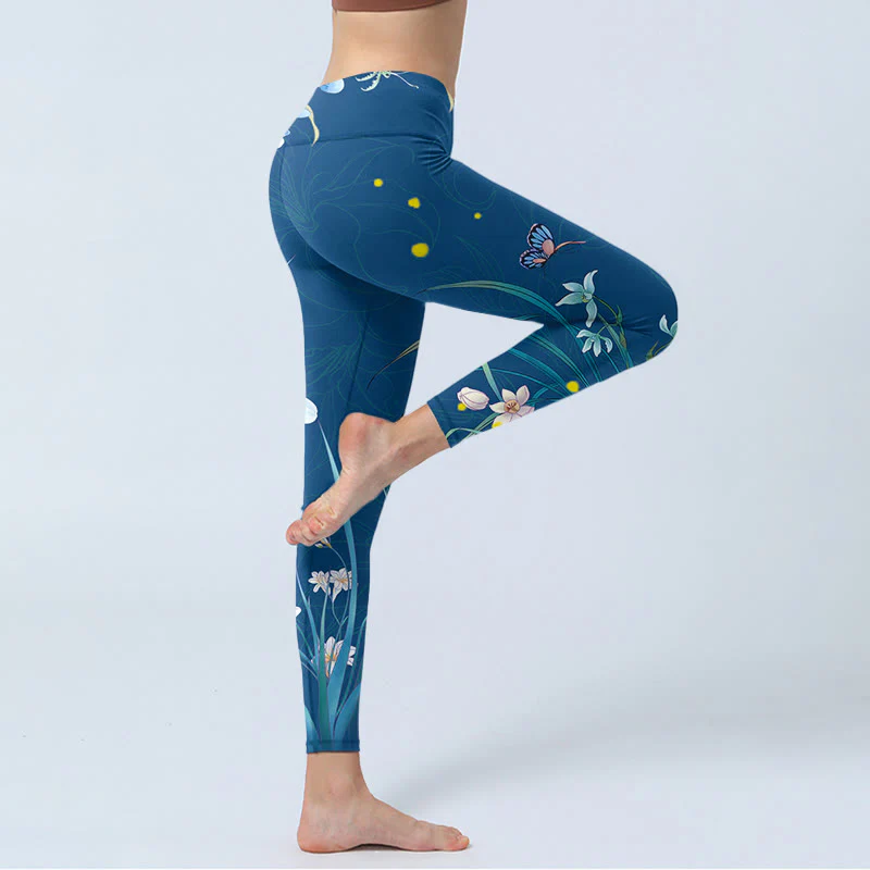 Buddha Stones SteelBlue Piccoli fiori bianchi Farfalla Leggings da esercizio Pantaloni da yoga da donna - Image 4