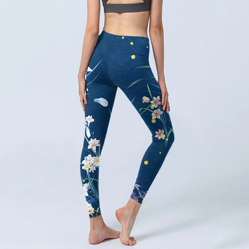 Buddha Stones SteelBlue Piccoli fiori bianchi Farfalla Leggings da esercizio Pantaloni da yoga da donna - Image 5