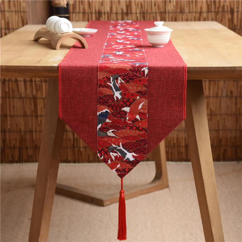 Buddha Stones Stile cinese classico Loto Koi Pesce Fiore Gru Calligrafia Illuminazione Cotone Lino Nappe Runner da tavolo - Image 17