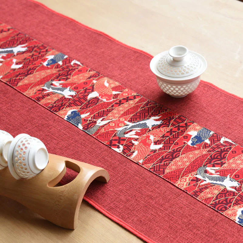 Buddha Stones Stile cinese classico Loto Koi Pesce Fiore Gru Calligrafia Illuminazione Cotone Lino Nappe Runner da tavolo - Image 18