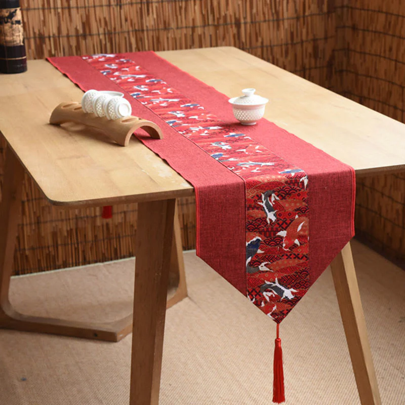Buddha Stones Stile cinese classico Loto Koi Pesce Fiore Gru Calligrafia Illuminazione Cotone Lino Nappe Runner da tavolo - Image 19