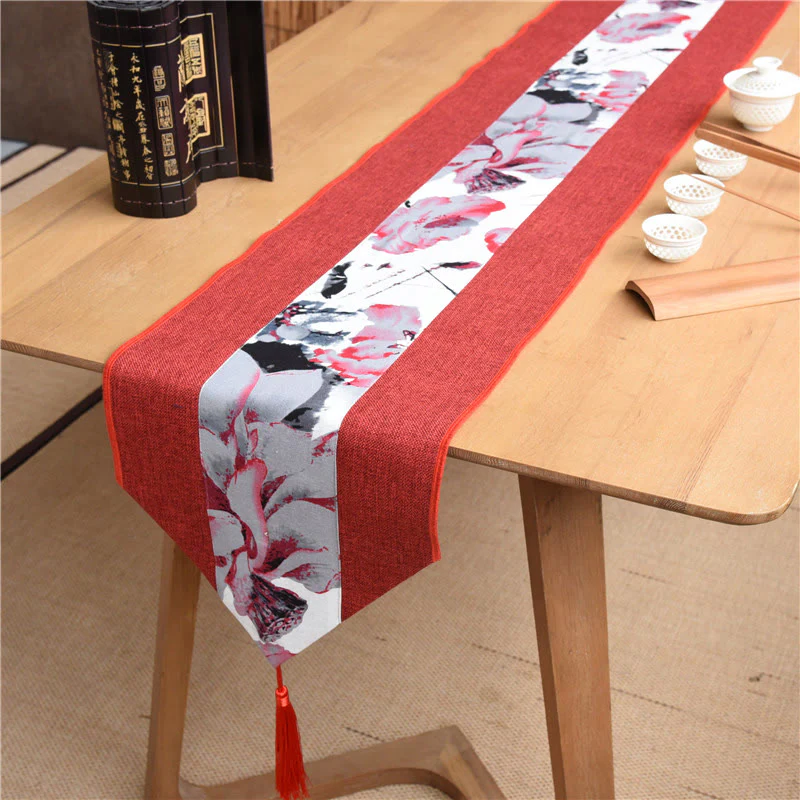 Buddha Stones Stile cinese classico Loto Koi Pesce Fiore Gru Calligrafia Illuminazione Cotone Lino Nappe Runner da tavolo - Image 7