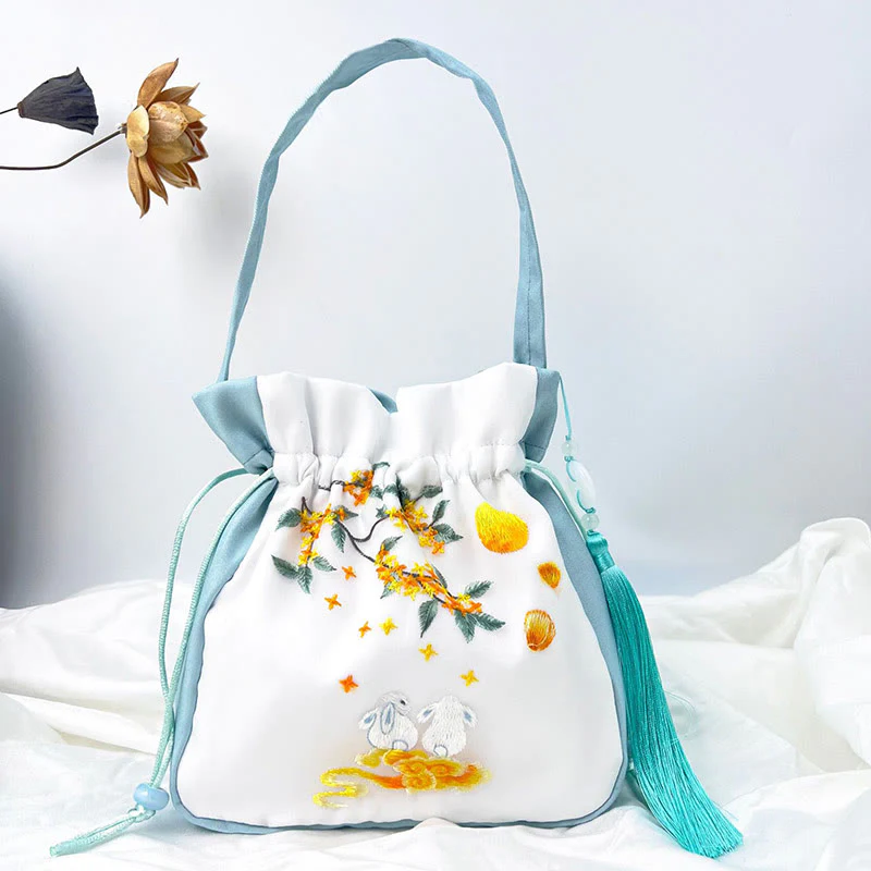 Buddha Stones Suzhou Ricamo Coniglio Loto Epiphyllum Peonia Magnolia Tote Borsa a tracolla Borsa a tracolla Borsa a mano - Image 10