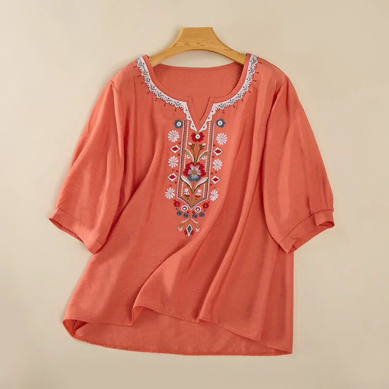 Buddha Stones T-shirt da donna primaverile in cotone e lino con ricami e maniche a tre quarti, stile boho.