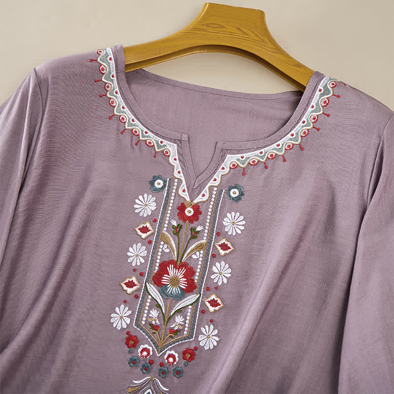 Buddha Stones T-shirt da donna primaverile in cotone e lino con ricami e maniche a tre quarti, stile boho. - Image 10