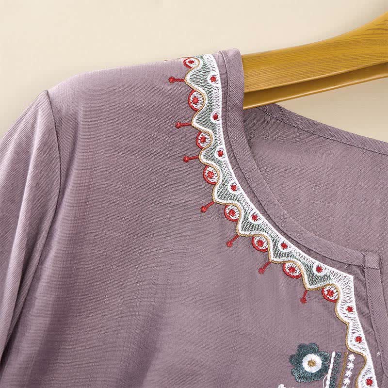 Buddha Stones T-shirt da donna primaverile in cotone e lino con ricami e maniche a tre quarti, stile boho. - Image 11
