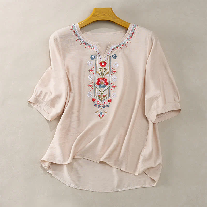 Buddha Stones T-shirt da donna primaverile in cotone e lino con ricami e maniche a tre quarti, stile boho. - Image 14