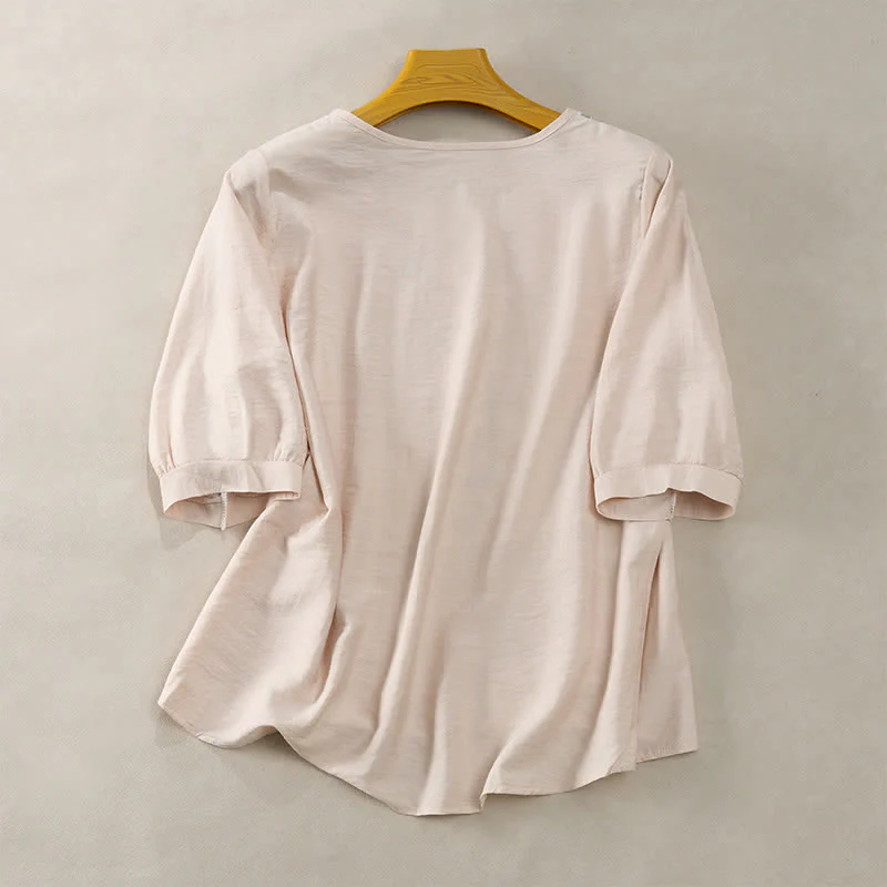 Buddha Stones T-shirt da donna primaverile in cotone e lino con ricami e maniche a tre quarti, stile boho. - Image 15