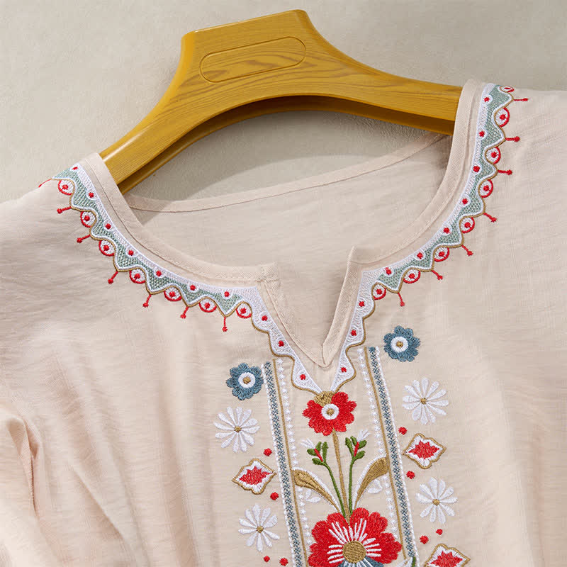 Buddha Stones T-shirt da donna primaverile in cotone e lino con ricami e maniche a tre quarti, stile boho. - Image 16