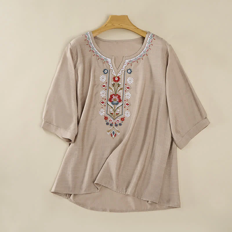 Buddha Stones T-shirt da donna primaverile in cotone e lino con ricami e maniche a tre quarti, stile boho. - Image 19