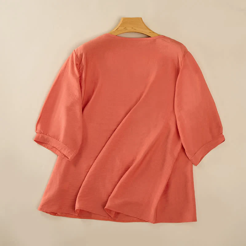 Buddha Stones T-shirt da donna primaverile in cotone e lino con ricami e maniche a tre quarti, stile boho. - Image 2
