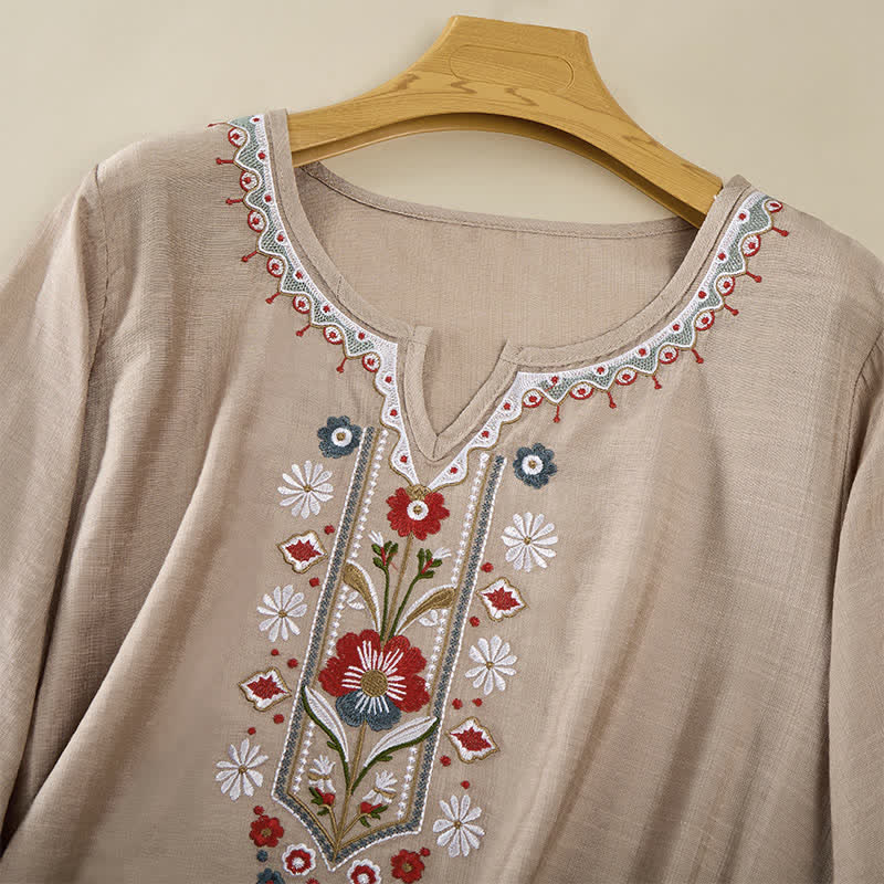 Buddha Stones T-shirt da donna primaverile in cotone e lino con ricami e maniche a tre quarti, stile boho. - Image 21