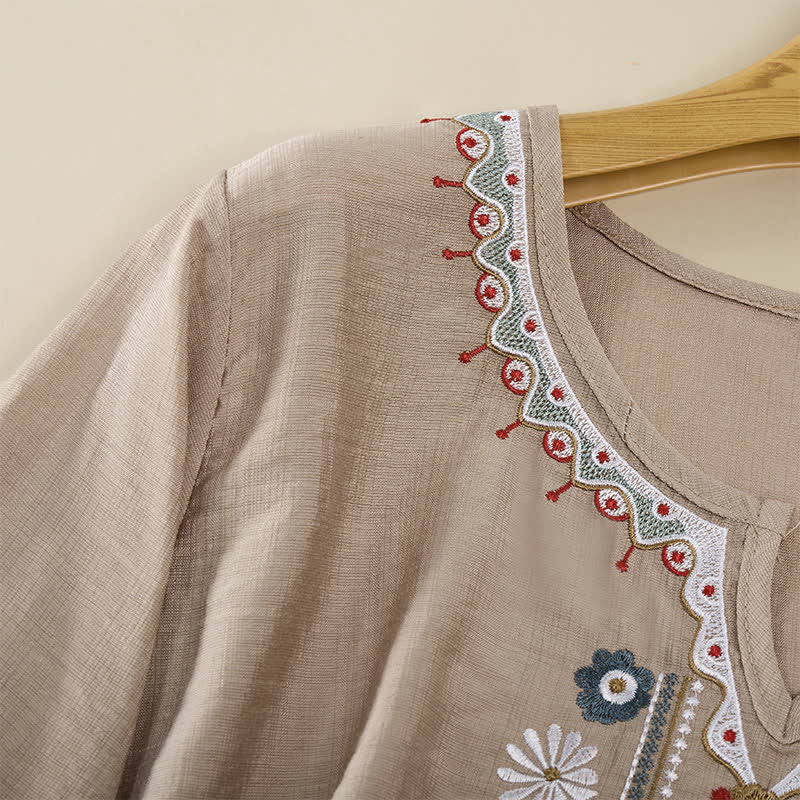 Buddha Stones T-shirt da donna primaverile in cotone e lino con ricami e maniche a tre quarti, stile boho. - Image 22