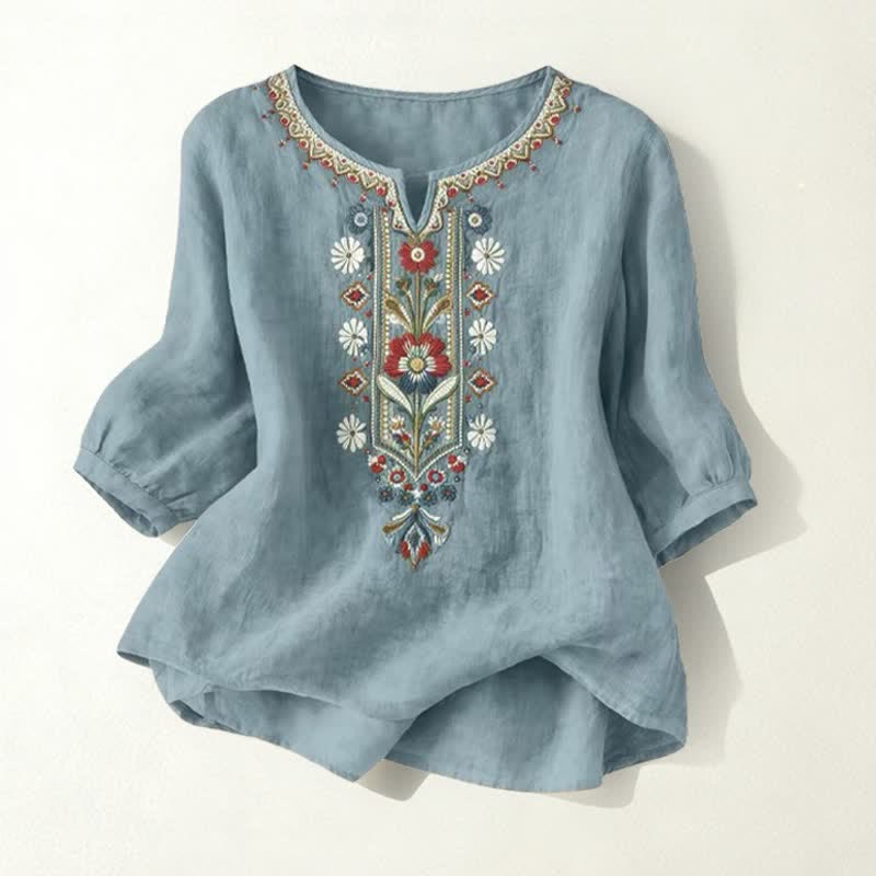 Buddha Stones T-shirt da donna primaverile in cotone e lino con ricami e maniche a tre quarti, stile boho. - Image 26