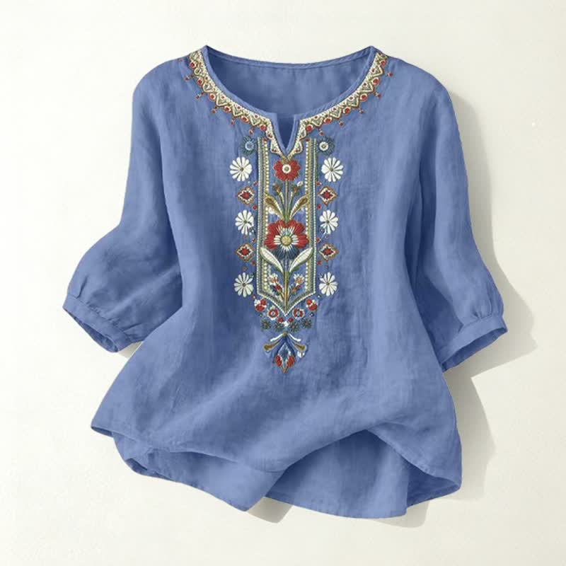 Buddha Stones T-shirt da donna primaverile in cotone e lino con ricami e maniche a tre quarti, stile boho. - Image 27