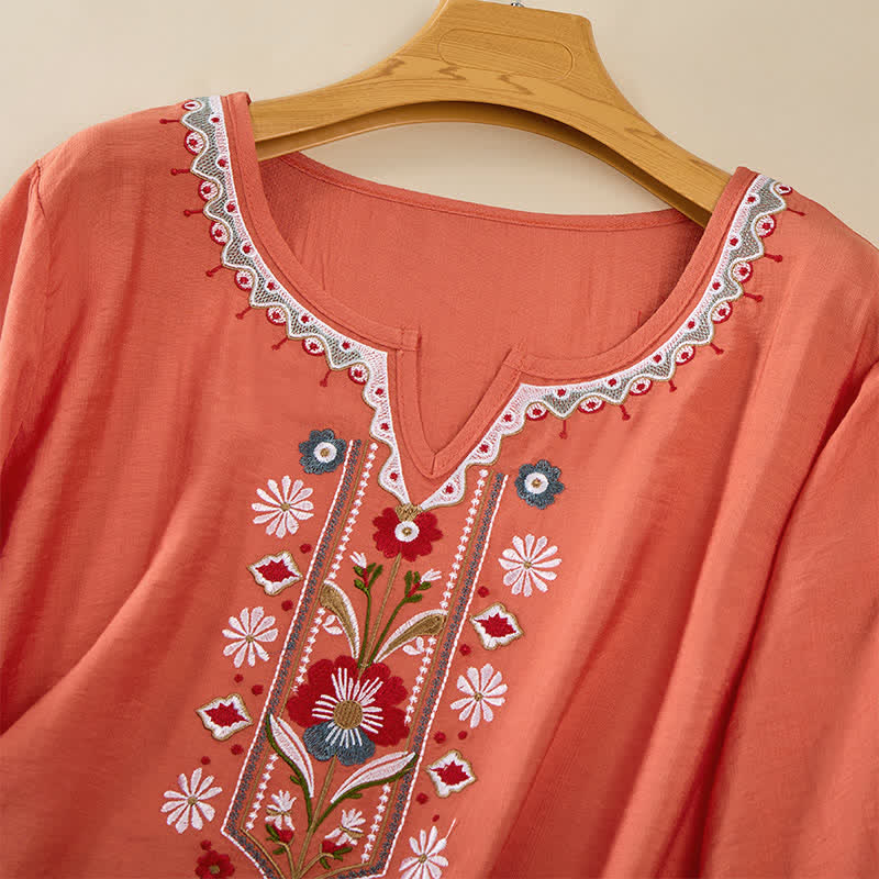 Buddha Stones T-shirt da donna primaverile in cotone e lino con ricami e maniche a tre quarti, stile boho. - Image 3