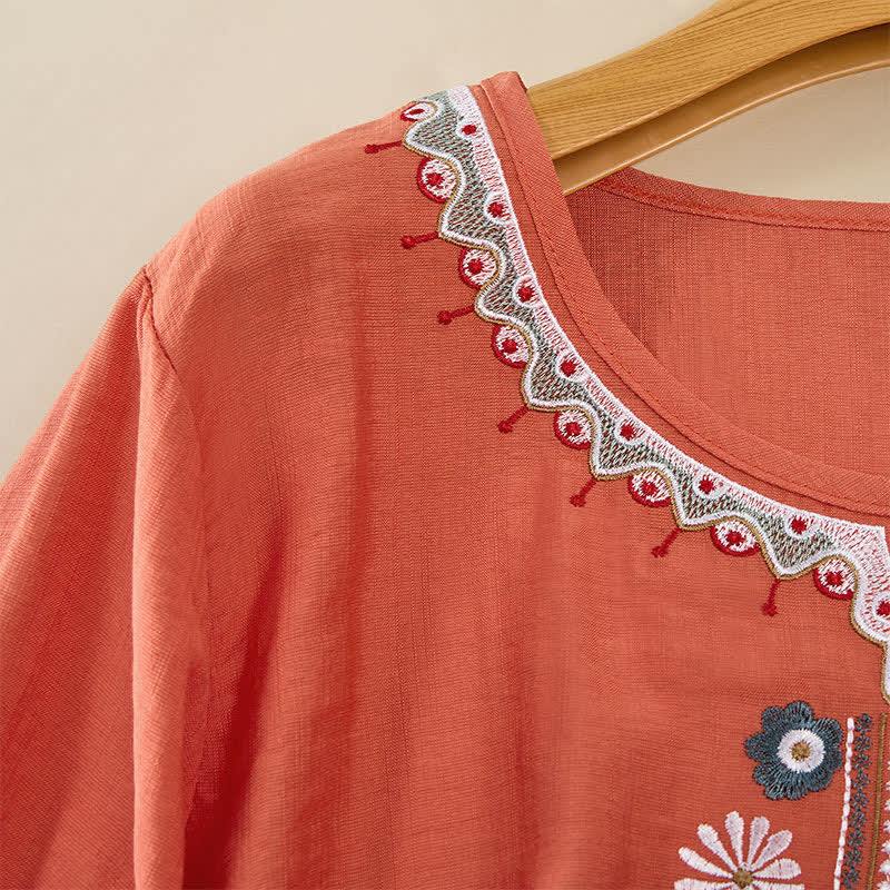 Buddha Stones T-shirt da donna primaverile in cotone e lino con ricami e maniche a tre quarti, stile boho. - Image 4