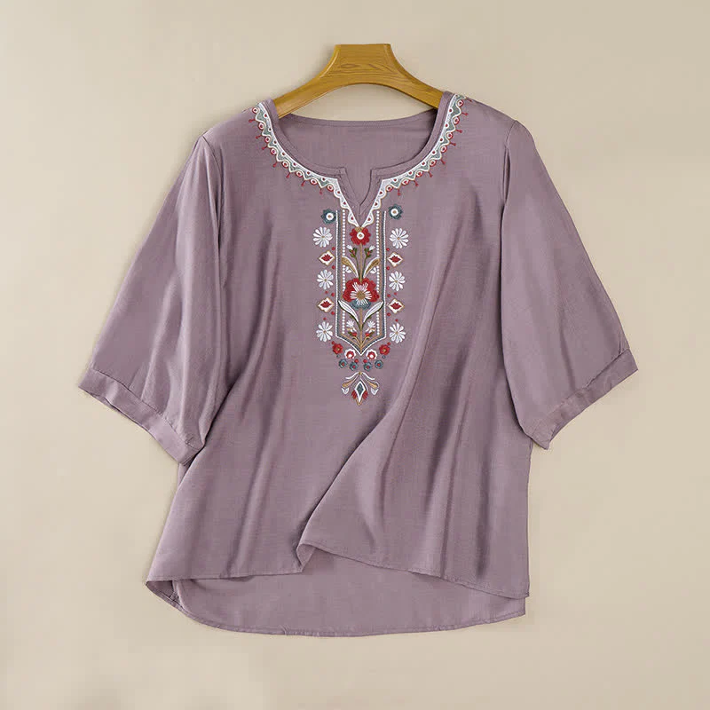 Buddha Stones T-shirt da donna primaverile in cotone e lino con ricami e maniche a tre quarti, stile boho. - Image 8