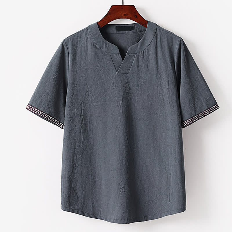 Buddha Stones T-shirt da uomo estiva a maniche corte con scollo a V e ricami, in cotone e lino. - Image 3