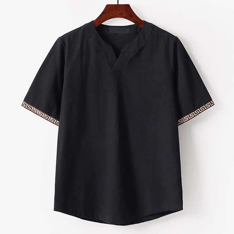 Buddha Stones T-shirt da uomo estiva a maniche corte con scollo a V e ricami, in cotone e lino. - Image 4