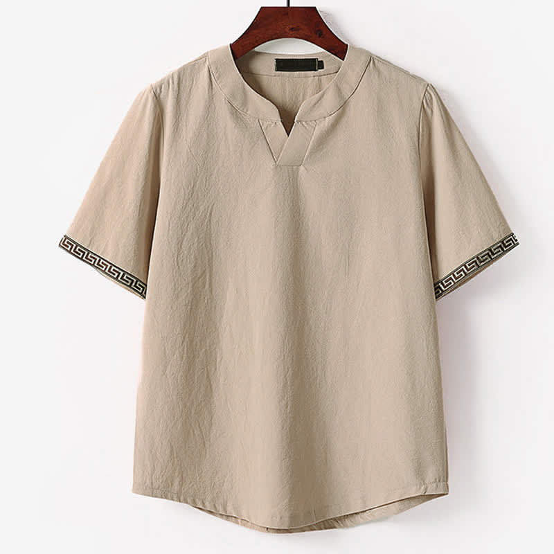 Buddha Stones T-shirt da uomo estiva a maniche corte con scollo a V e ricami, in cotone e lino. - Image 5
