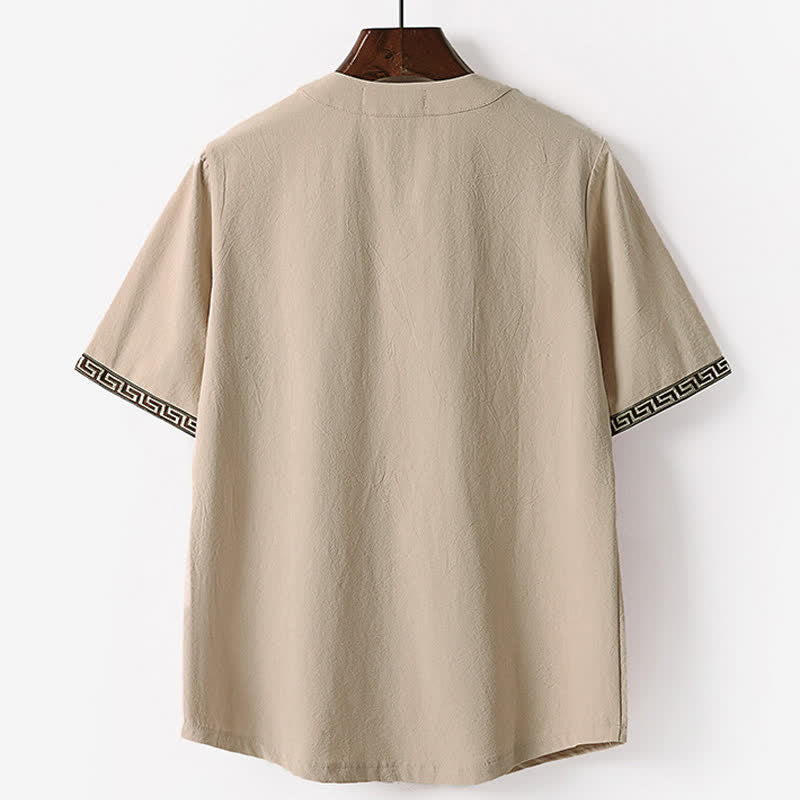 Buddha Stones T-shirt da uomo estiva a maniche corte con scollo a V e ricami, in cotone e lino. - Image 6