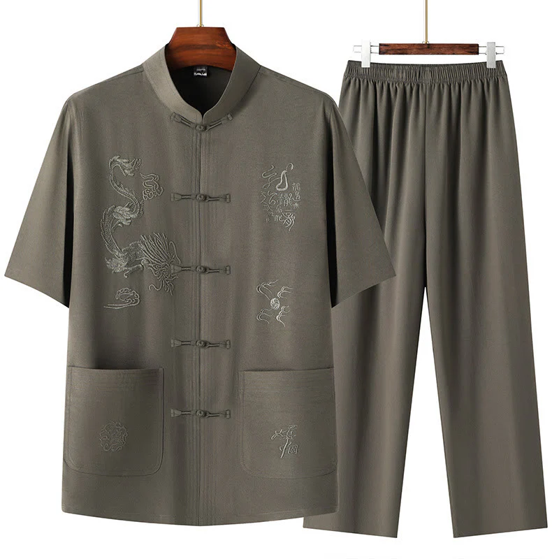 Buddha Stones Tang Suit Hanfu Drago Cinese Tradizionale Kung Fu Uniforme Manica Corta Top e Pantaloni Abbigliamento Uomo Set - Image 3