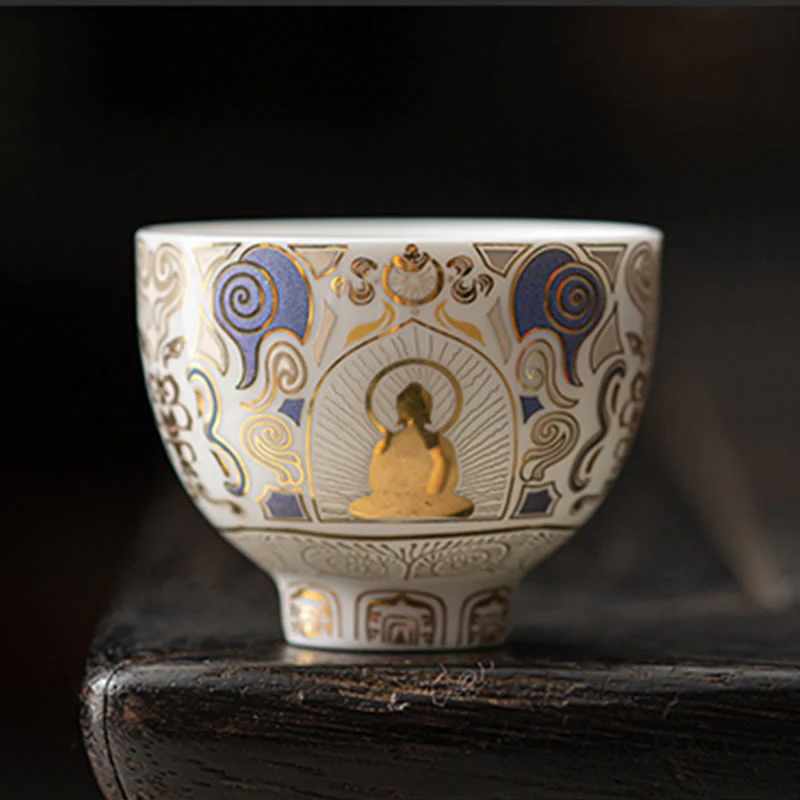Buddha Stones Thangka bianco Buddha Nuvole di buon auspicio Tazza da tè Tazza da tè Kung Fu - Image 2
