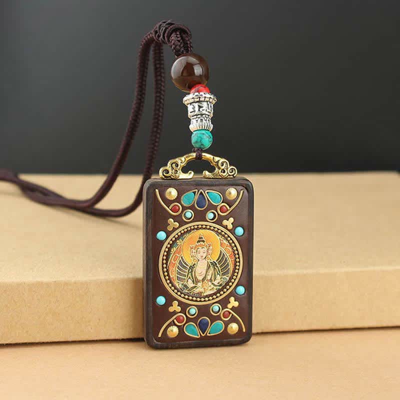 Buddha Stones Tibet Dio della Ricchezza Thangka Ebano Collana Pendente della Pace - Image 11