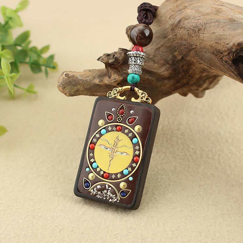 Buddha Stones Tibet Dio della Ricchezza Thangka Ebano Collana Pendente della Pace - Image 14