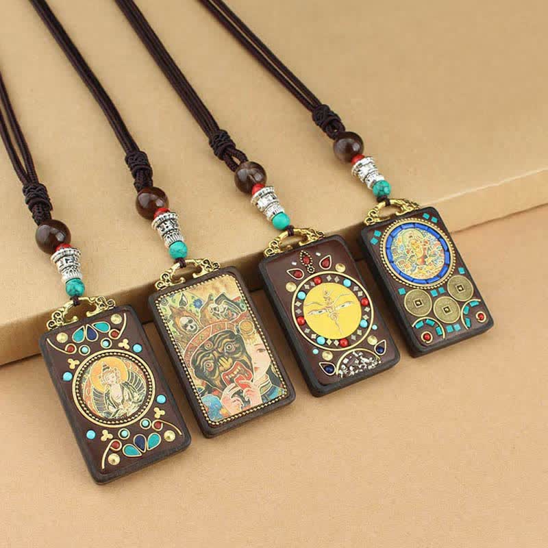 Buddha Stones Tibet Dio della Ricchezza Thangka Ebano Collana Pendente della Pace - Image 16