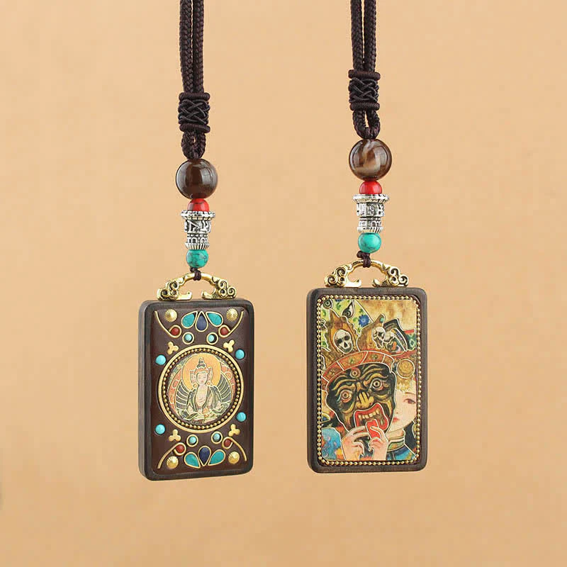 Buddha Stones Tibet Dio della Ricchezza Thangka Ebano Collana Pendente della Pace - Image 2