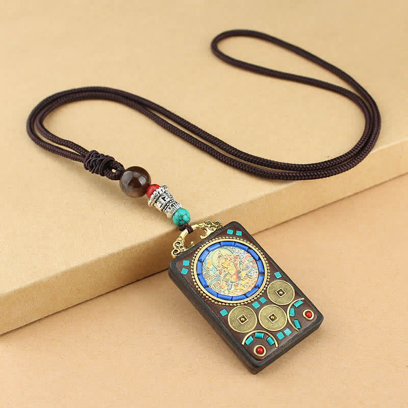 Buddha Stones Tibet Dio della Ricchezza Thangka Ebano Collana Pendente della Pace - Image 5