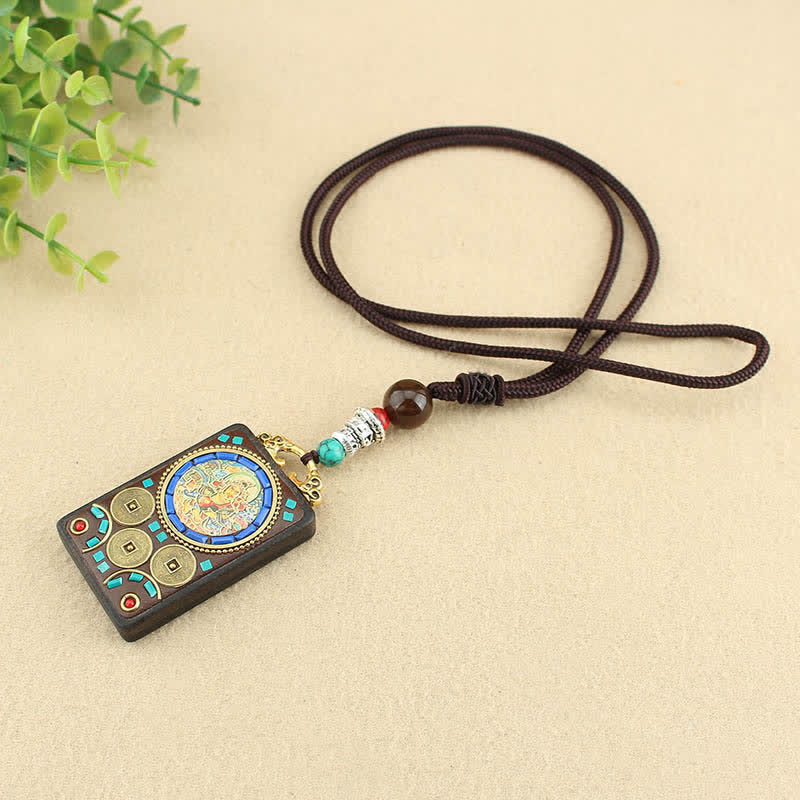 Buddha Stones Tibet Dio della Ricchezza Thangka Ebano Collana Pendente della Pace - Image 6