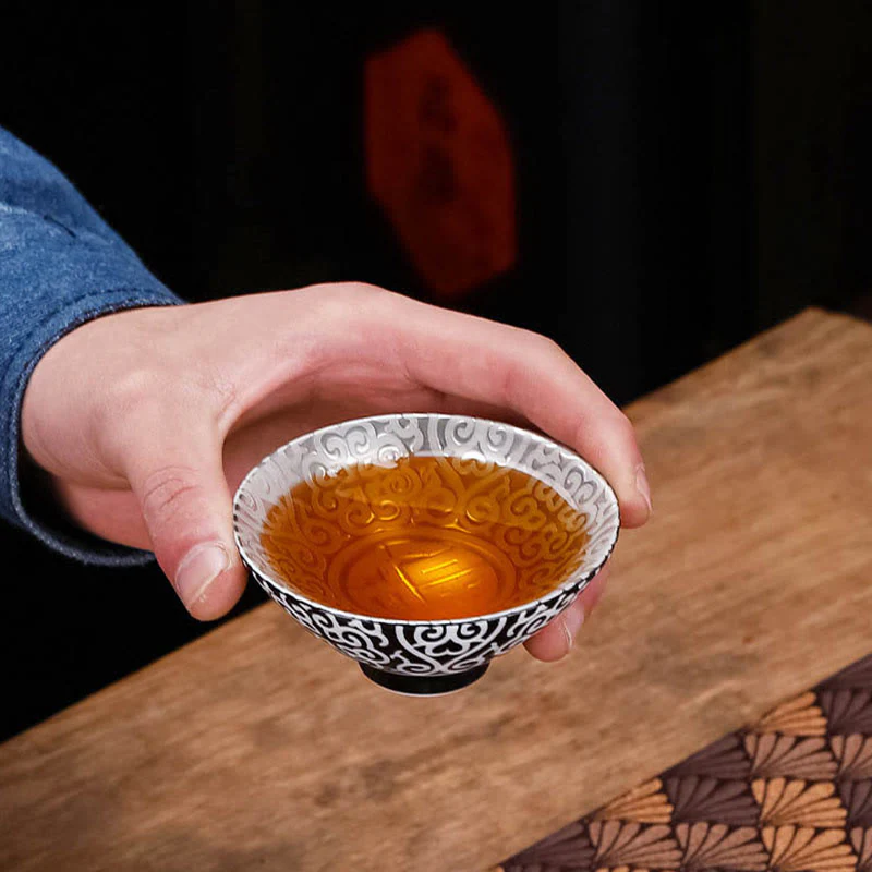 Buddha Stones Tibet Modello Fu Carattere Tazza da tè in ceramica argento dorato Tazze da tè Kung Fu 55 ml - Image 5