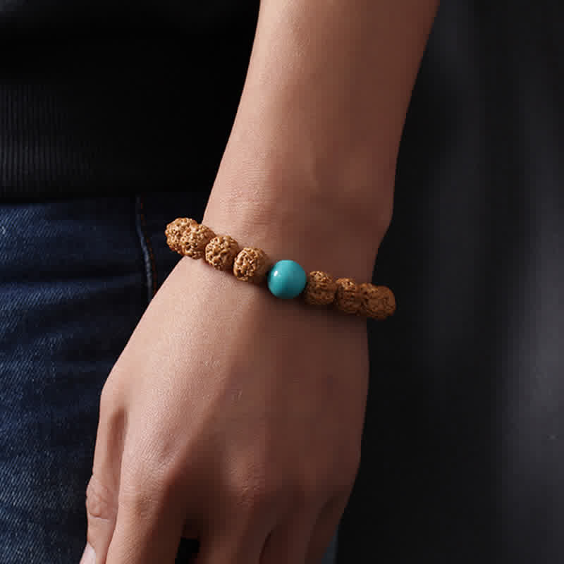 Buddha Stones Tibet Rudraksha Bodhi Seed Dzi Bead Ambra Turchese Bracciale della Ricchezza - Image 8