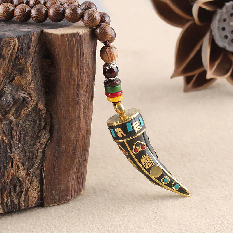 Buddha Stones Tibet Wenge Legno Om Mani Padme Hum Simbolo OM Mantra Corno Modello Protezione Collana Pendente - Image 3