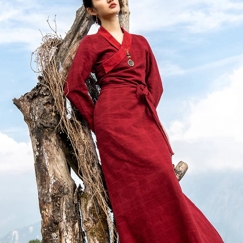 Buddha Stones Tibetan Dress Clothing Lhasa Abito lungo avvolgente Maxi abito Abbigliamento donna