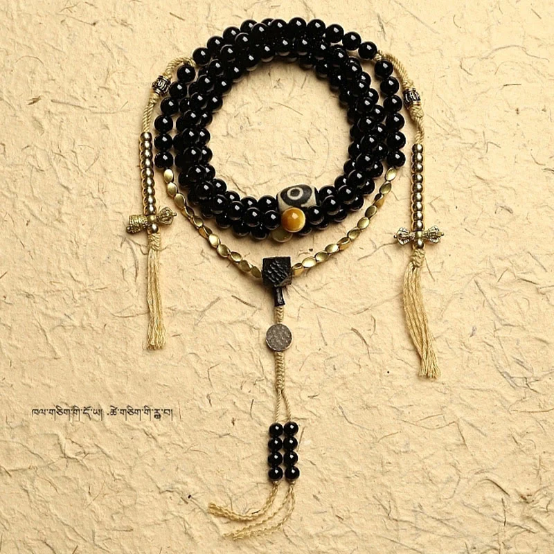 Buddha Stones Tibetano 108 Mala Beads Onice Nero Tre Occhi Dzi Beads Bracciale di Protezione - Image 11