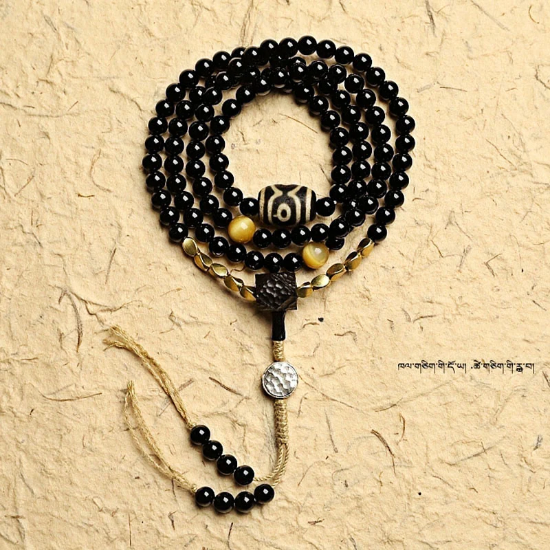 Buddha Stones Tibetano 108 Mala Beads Onice Nero Tre Occhi Dzi Beads Bracciale di Protezione - Image 18