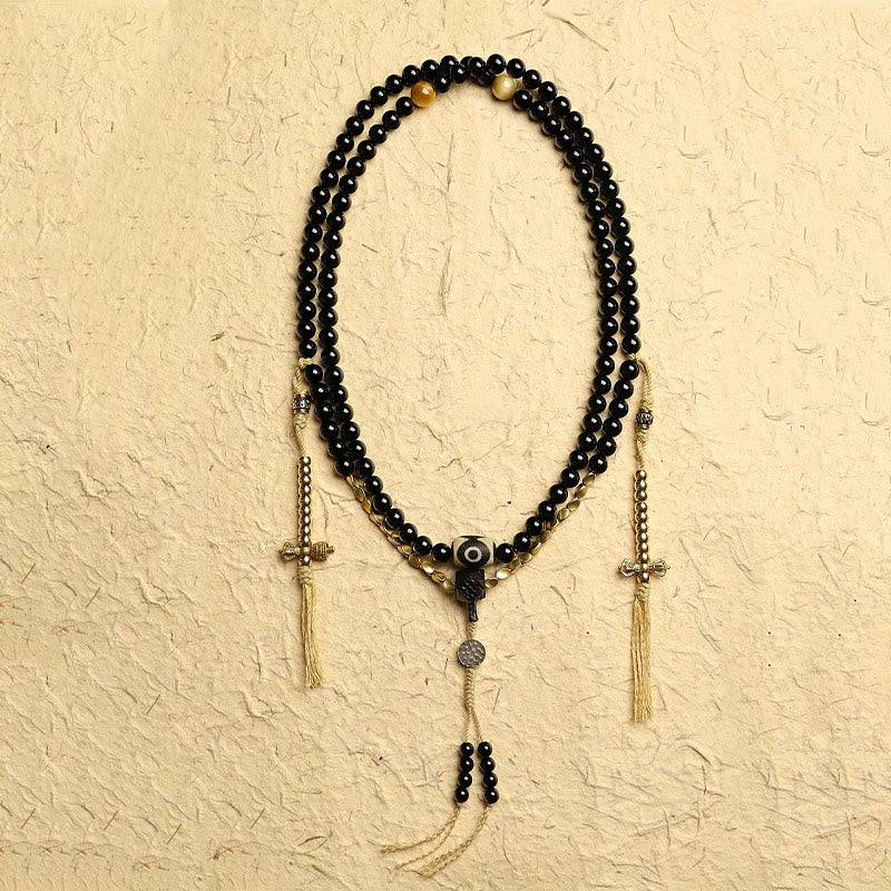 Buddha Stones Tibetano 108 Mala Beads Onice Nero Tre Occhi Dzi Beads Bracciale di Protezione - Image 3
