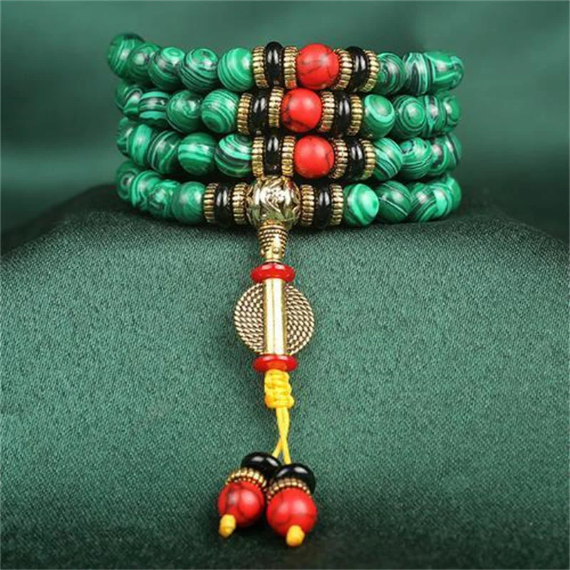 Buddha Stones Tibetano 108 Mala Malachite Perline Bracciale Collana - Image 4
