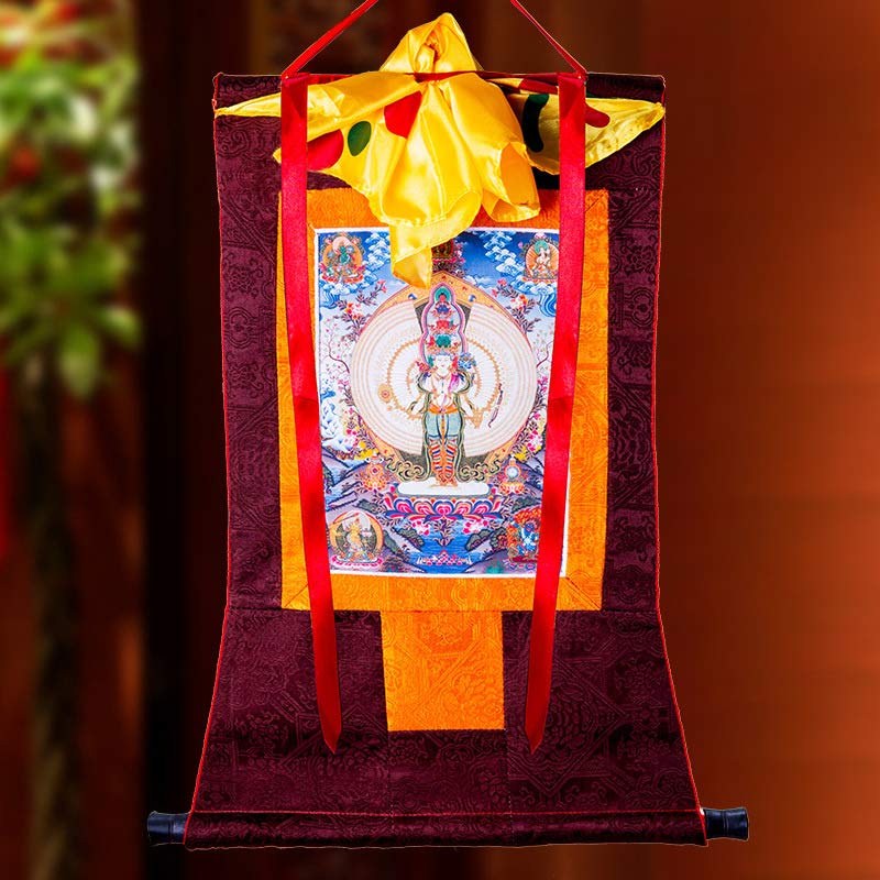 Buddha Stones Tibetano Avalokitesvara dalle mille mani con cornice Thangka Benedizione Decorazione - Image 3