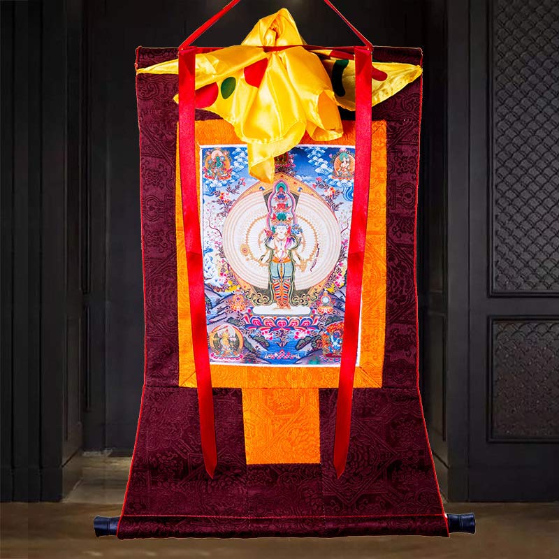 Buddha Stones Tibetano Avalokitesvara dalle mille mani con cornice Thangka Benedizione Decorazione - Image 4