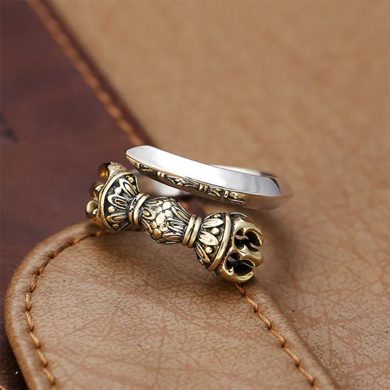 Buddha Stones Tibetano Dorje Vajra Inciso Design Rame Fortuna Ricchezza Anello Regolabile - Image 2