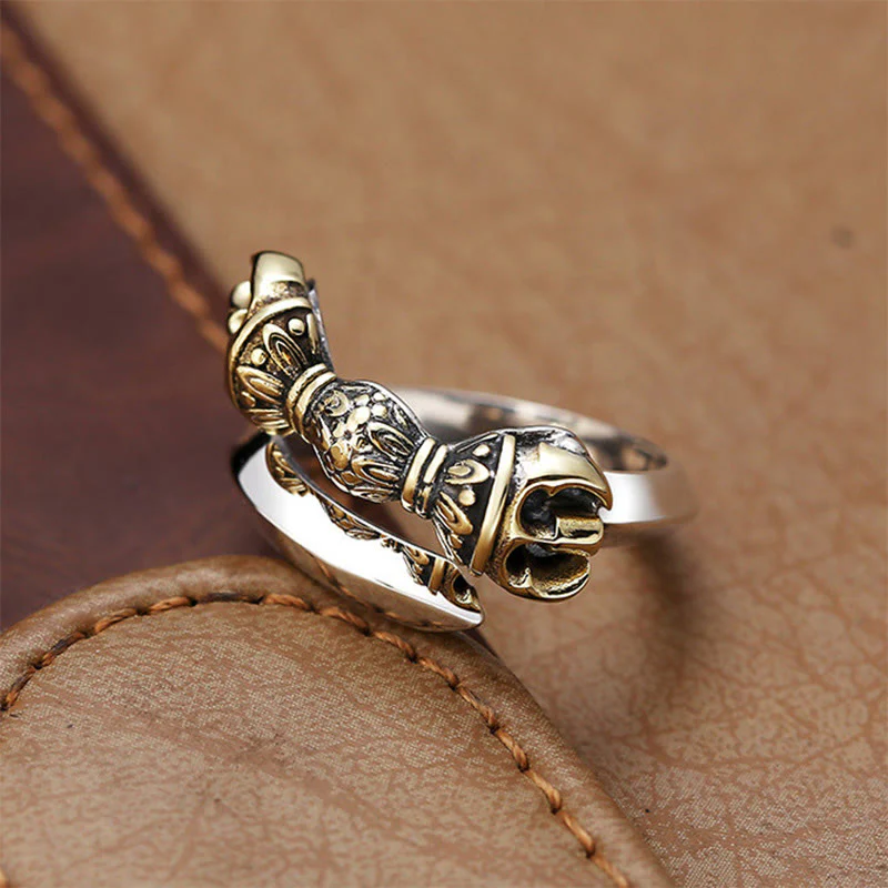 Buddha Stones Tibetano Dorje Vajra Inciso Design Rame Fortuna Ricchezza Anello Regolabile - Image 3
