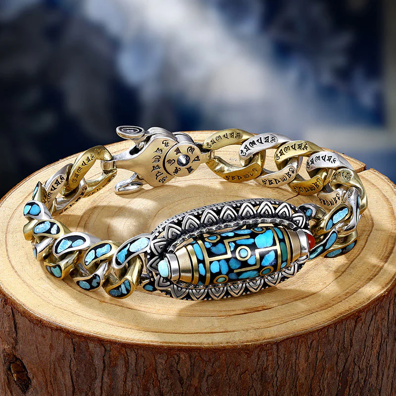 Buddha Stones Tibetano Nove Occhi Dzi Bead Om Mani Padme Hum Turchese Protezione Bracciale Rotante