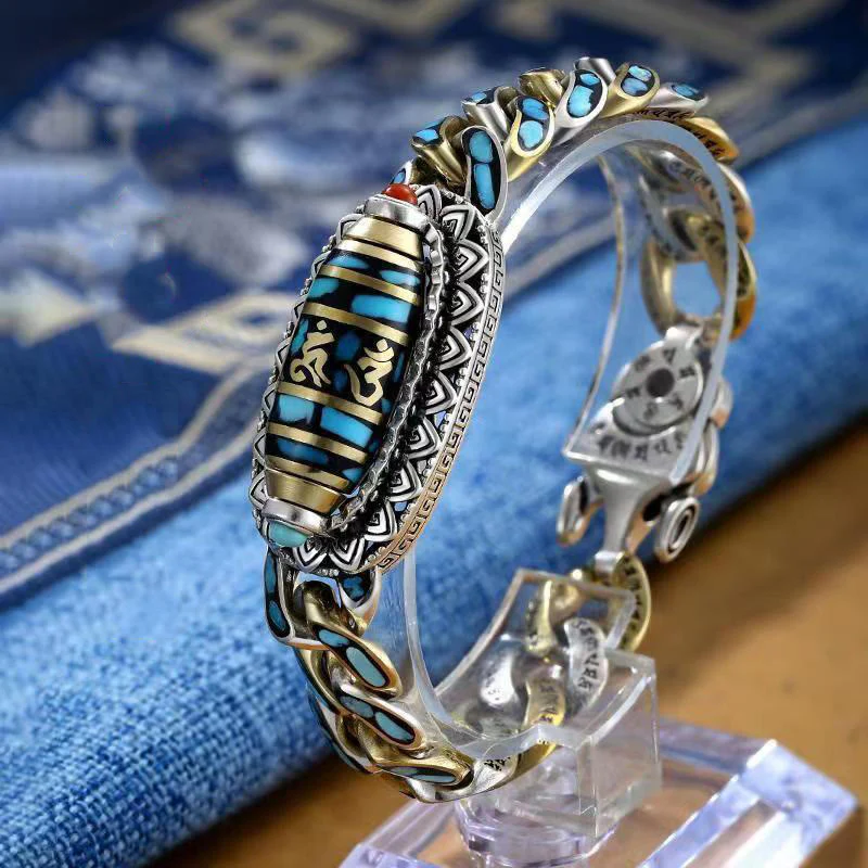 Buddha Stones Tibetano Nove Occhi Dzi Bead Om Mani Padme Hum Turchese Protezione Bracciale Rotante - Image 3