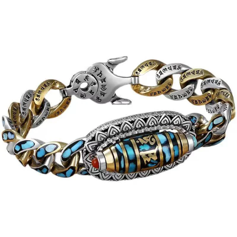 Buddha Stones Tibetano Nove Occhi Dzi Bead Om Mani Padme Hum Turchese Protezione Bracciale Rotante - Image 4