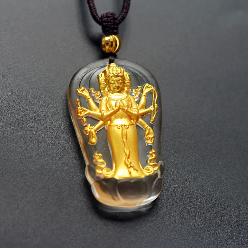 Buddha Stones Tibetano Otto Braccia Avalokitesvara Guanyin Buddha Placcato Oro Liuli Cristallo Ricchezza Collana Pendente